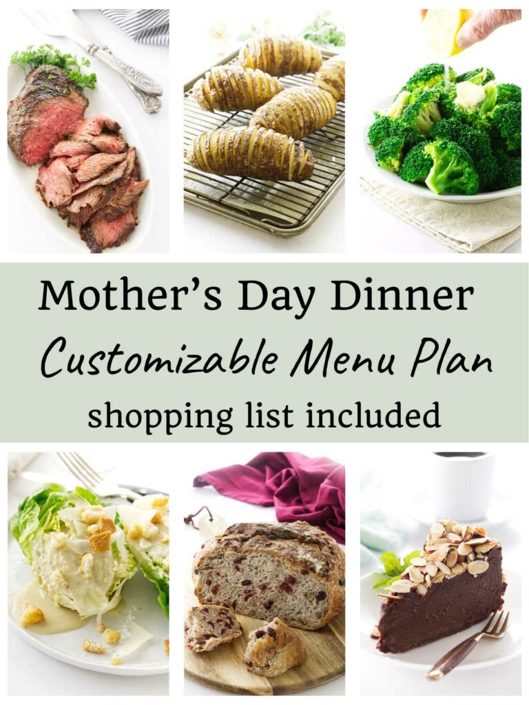 Six photos of recipes lined up for a mother's day dinner menu.