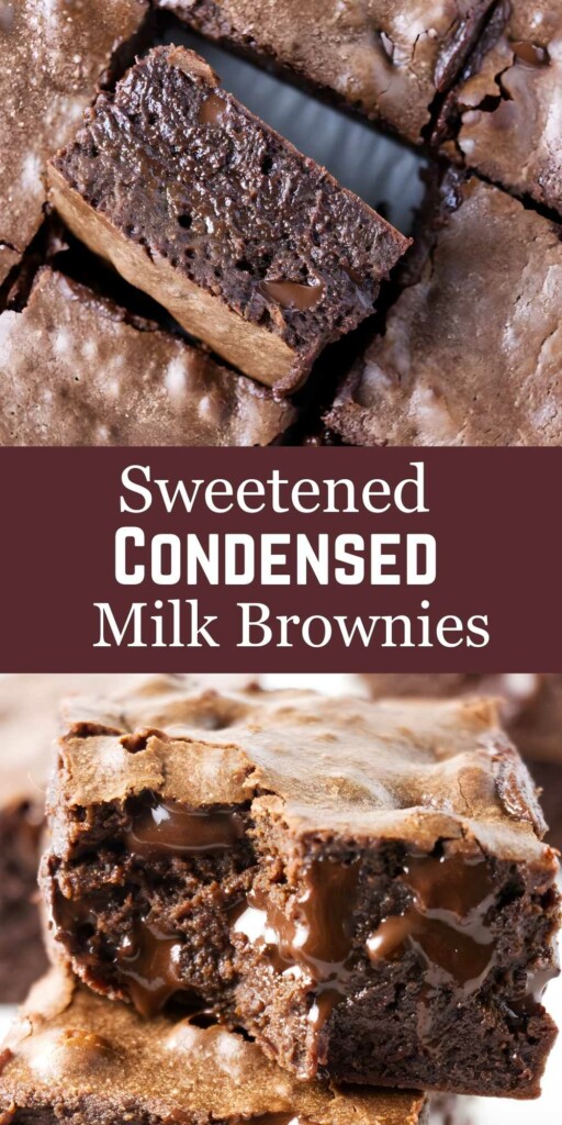 Close-up of gooey brownies labeled “Sweetened CONDENSED Milk Brownies.”.
