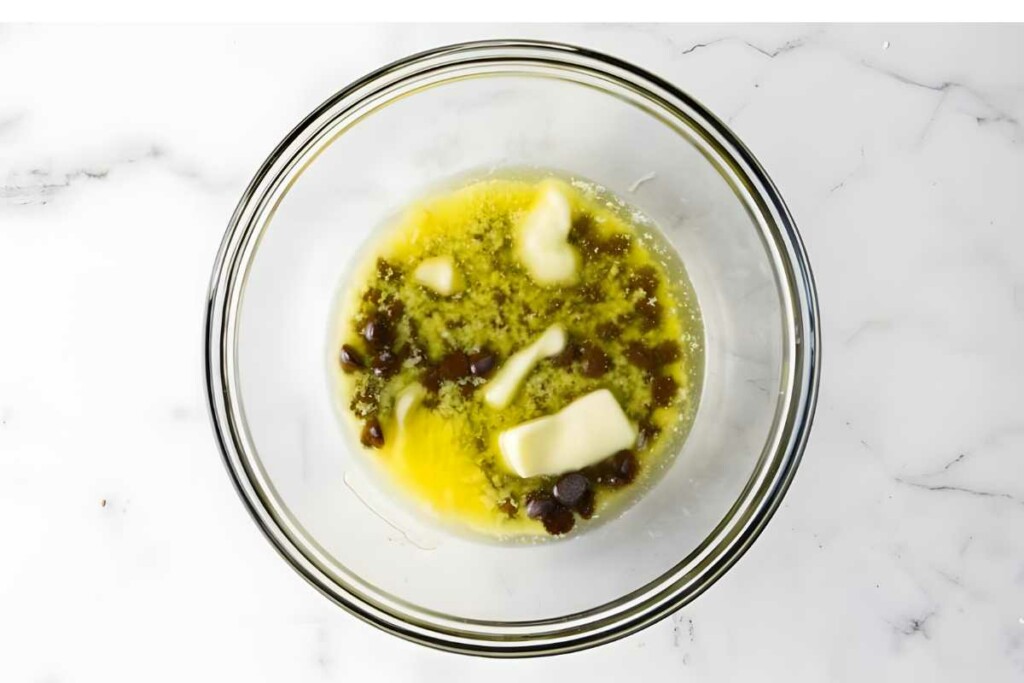 Glass bowl with melted butter, brown sugar, and white sugar on marble.