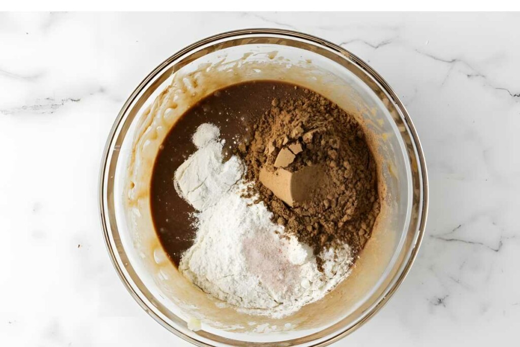 Glass bowl with condensed milk brownie batter, flour, and cocoa.