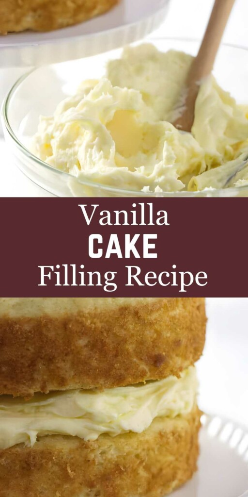 Vanilla cake filling being mixed; layered cake shown.