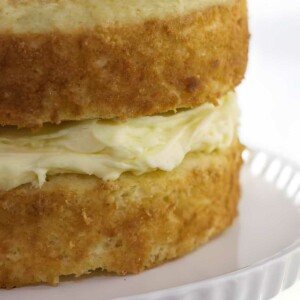 Close-up of two-layer sponge cake with creamy filling on white stand.