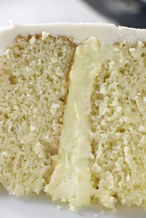 Close-up of vanilla layer cake with vanilla mousse filling.