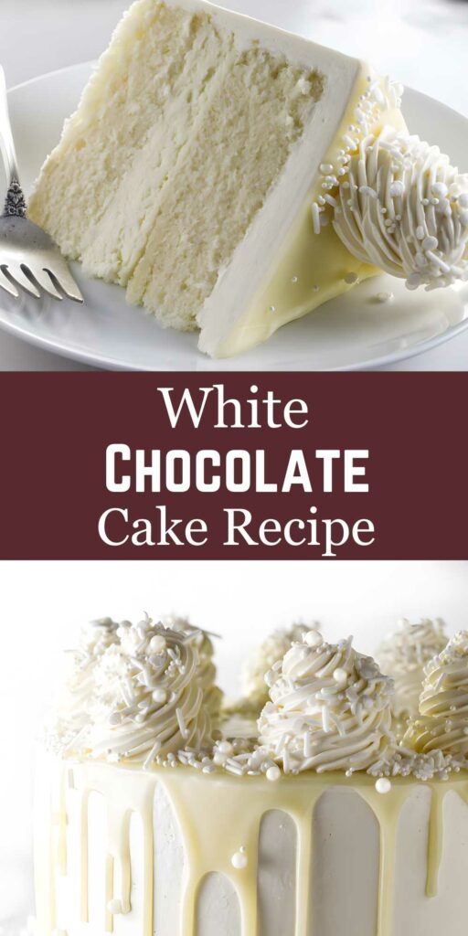 Slice and whole white chocolate cakes with frosting, sprinkles, and recipe text.