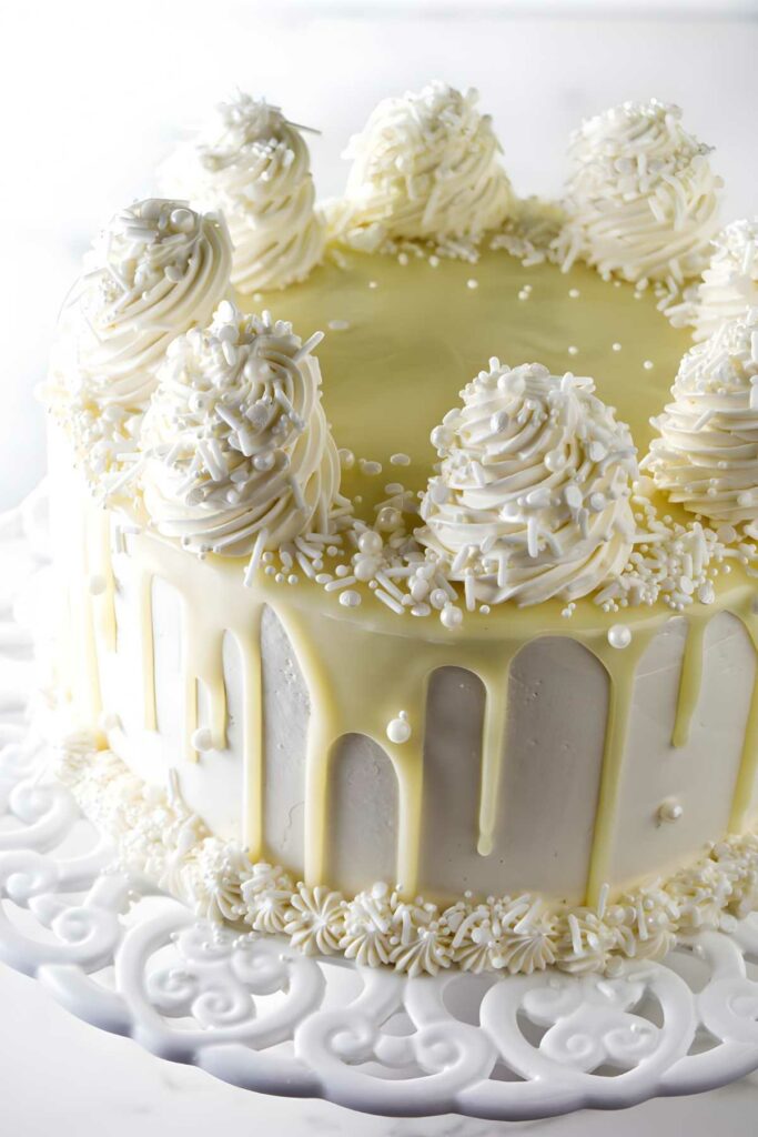 White cake with white frosting, rosettes, chocolate drip on ornate stand.