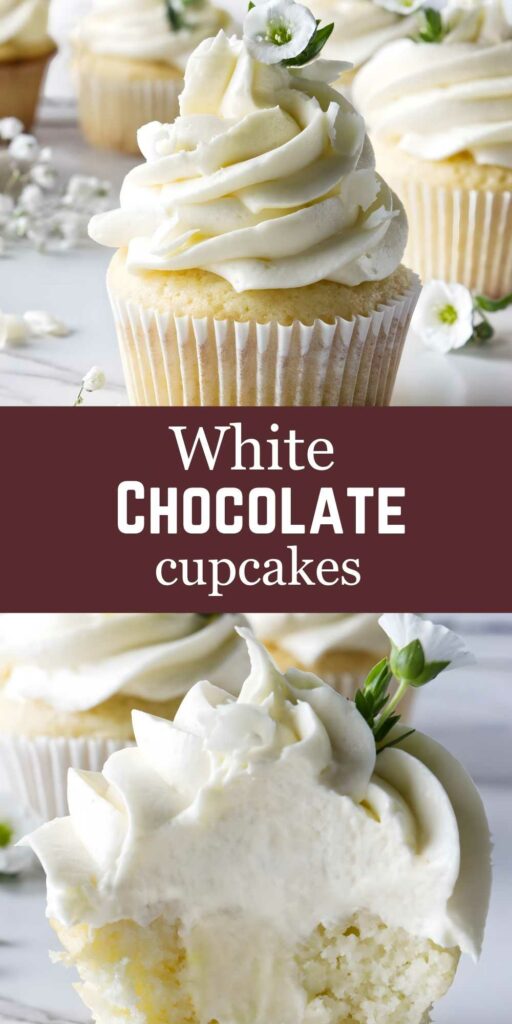 Close-up of white chocolate cupcakes with frosting, flowers, and bitten interior.