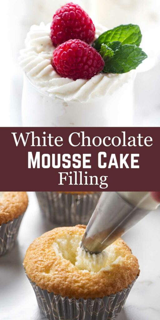 Cupcake filled with mousse, glass of mousse dessert above, labeled text.