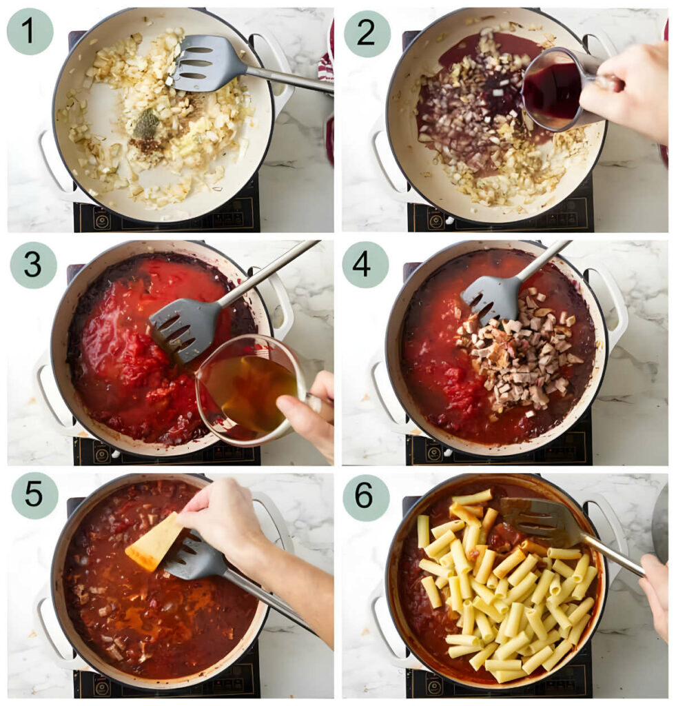 Six photos showing how to make beef pasta on the stovetop.