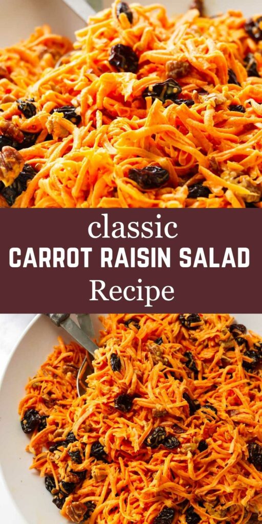 A shredded carrot salad in a white serving bowl.