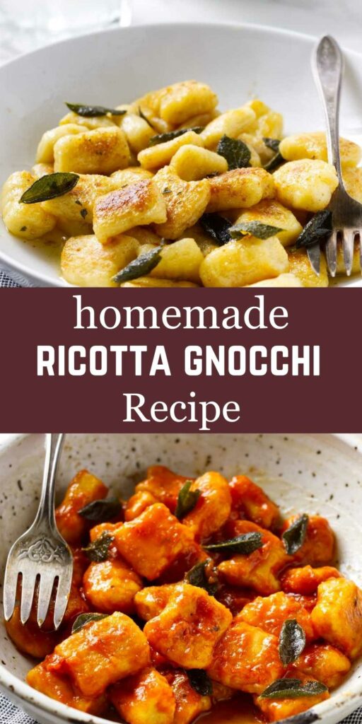 Gnocchi in a bowl covered in sage brown butter and tomato sauce.