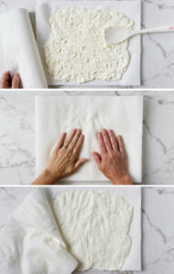 Three photos showing how to drain water from ricotta using paper towels.