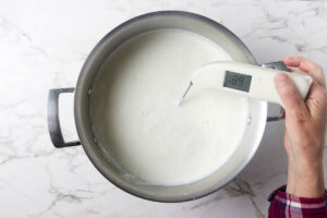 Testing the temperature of milk in a pot.