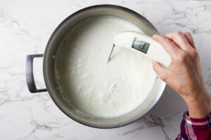 Using an instant thermometer to test the temperature of milk.