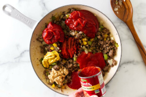Adding tomato sauce to sloppy joe sauce recipe.