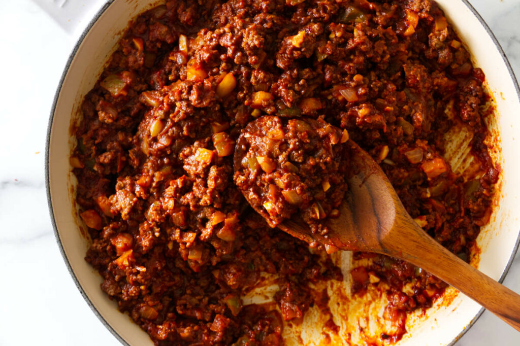 Sauce for sloppy sloppy joes in a skillet.