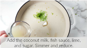 Adding coconut milk, lime, and fish sauce to the skillet.