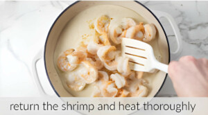 Adding shrimp to creamy white sauce.