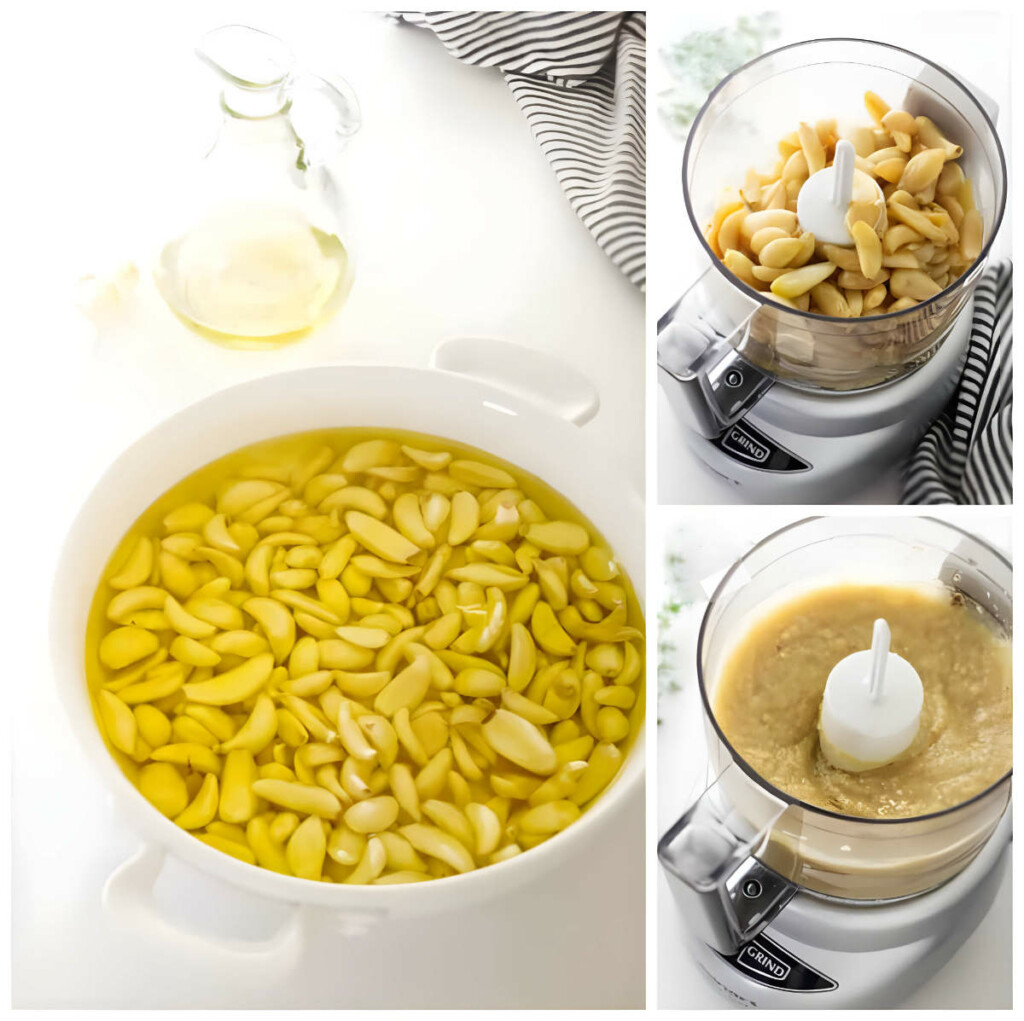 Showing steps to make a garlic spread.