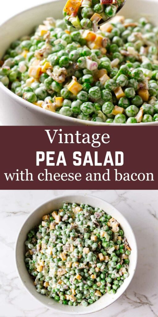 Two bowls of pea and bacon salad with cheese.