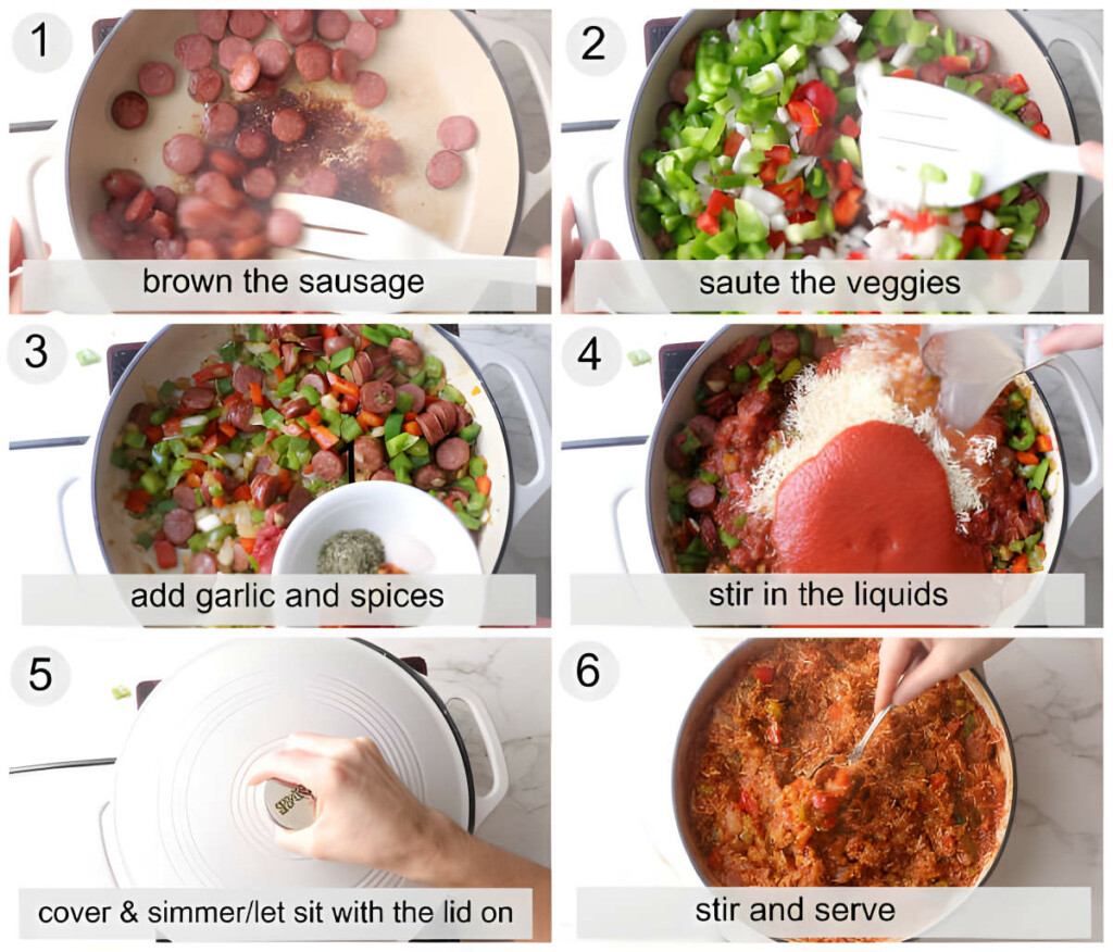 Six photo showing how to make a rice skillet with sausage and peppers.