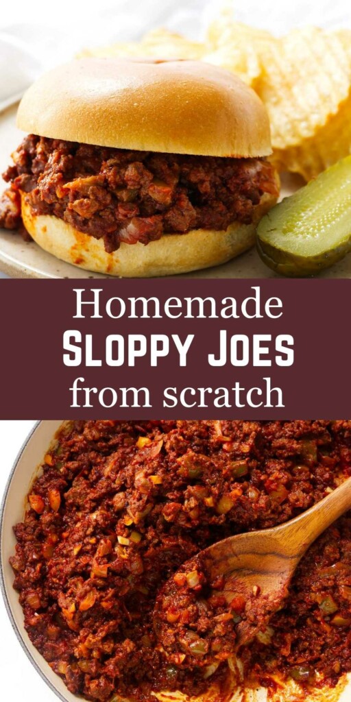 Two photos of a sloppy joe sandwich on a plate.