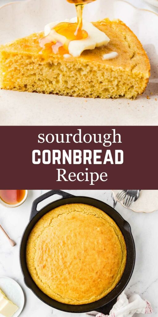 A slice of sourdough starter cornbread and a skillet.