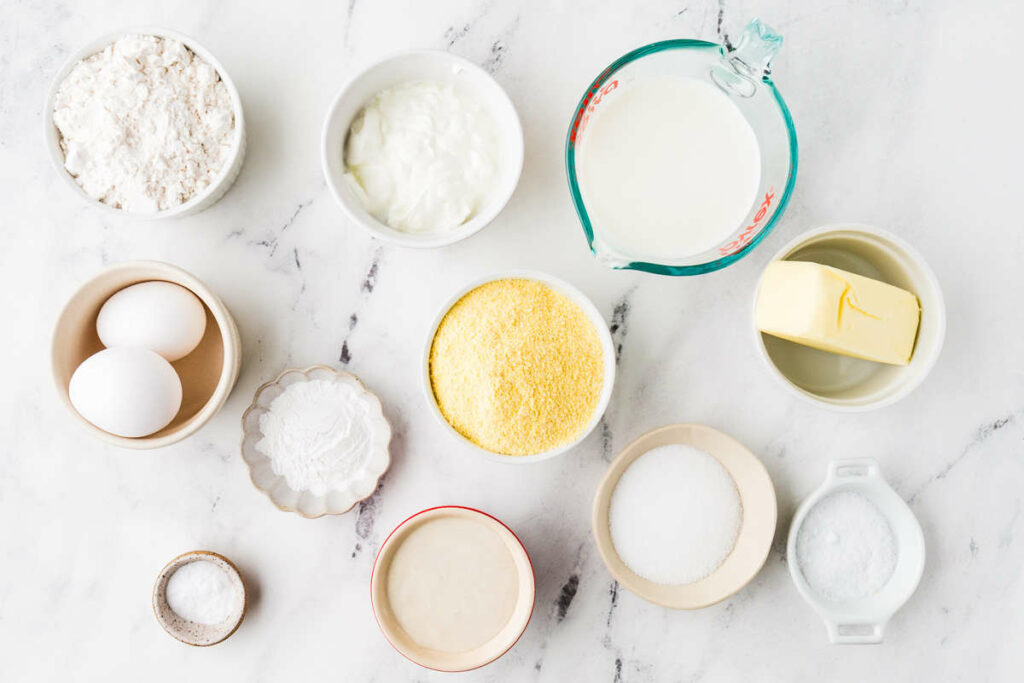 Ingredients used to make sourdough cornbread.