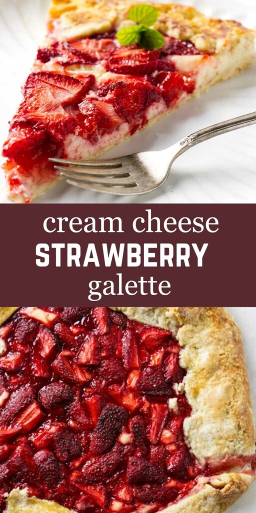 A strawberry and cheesecake galette on a plate.