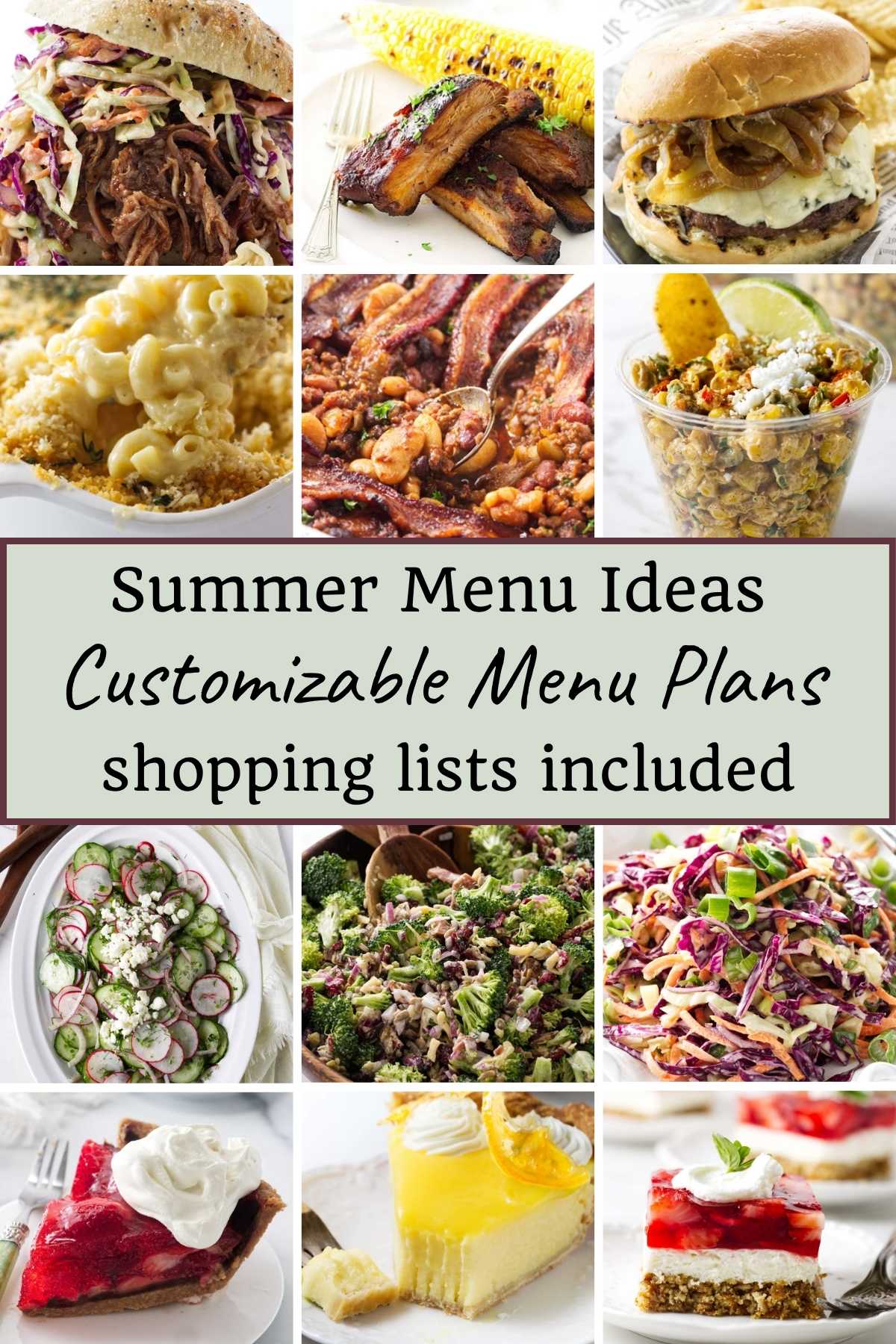 Twelve photos showing recipes that can be used in menu plans for summer.