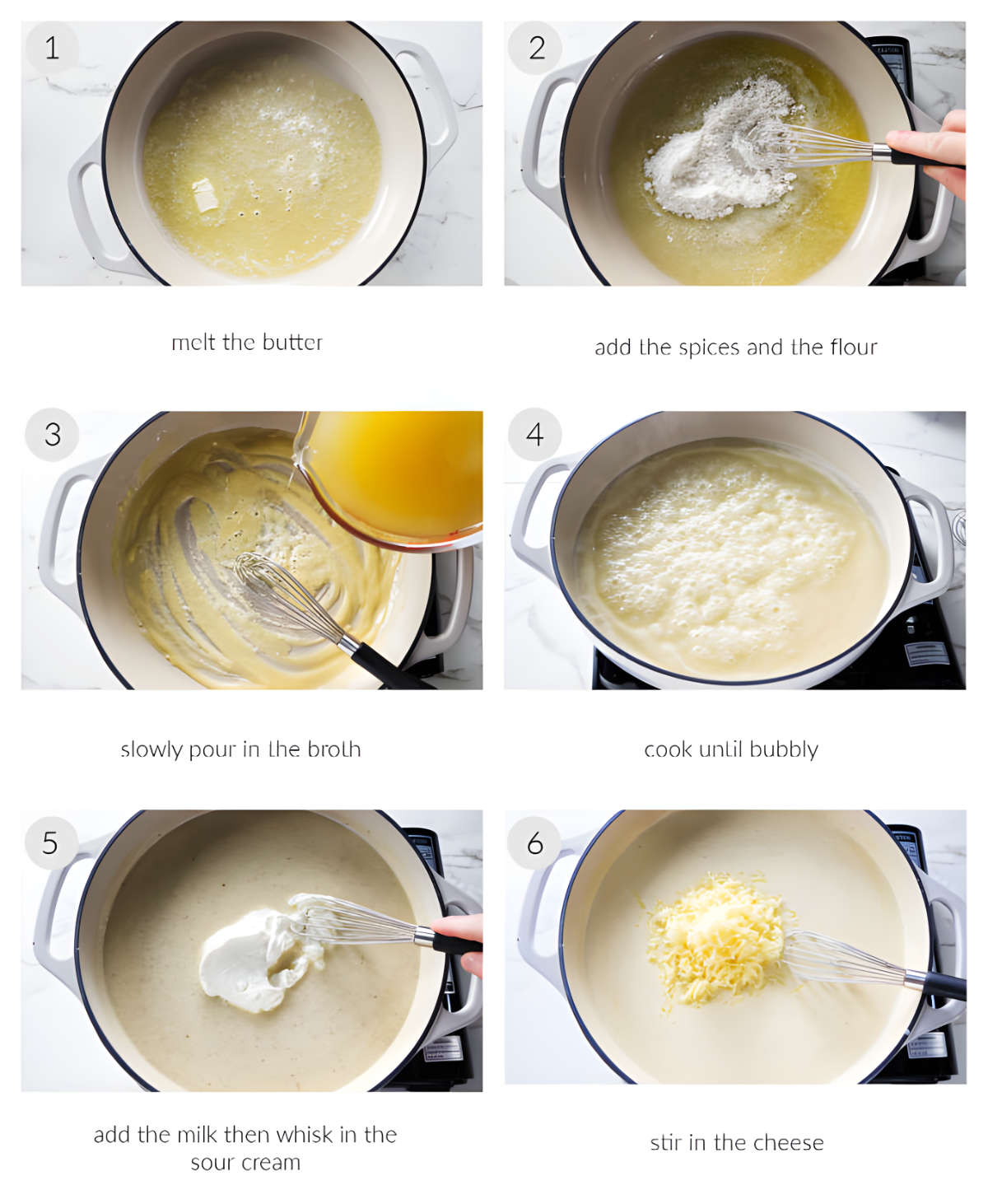 Six photos showing how to make white enchilada sauce.