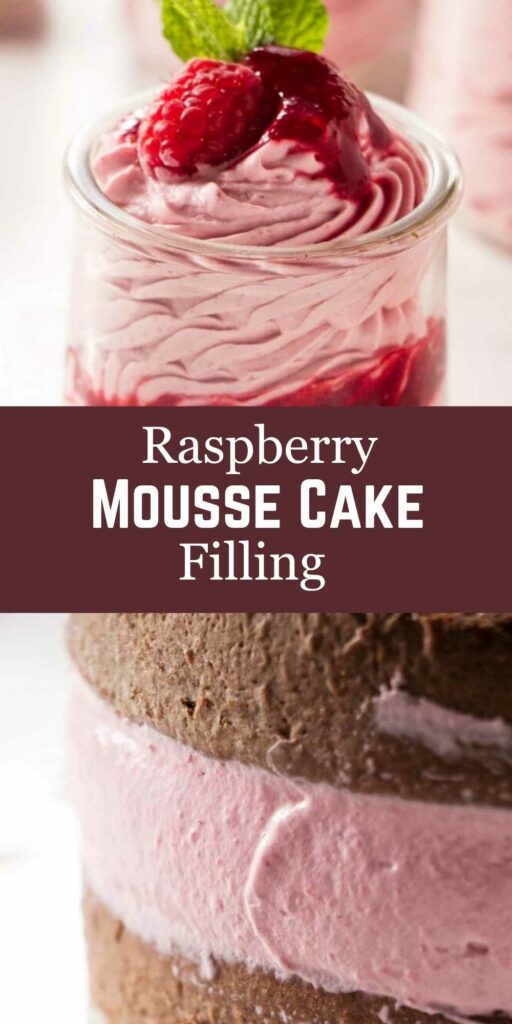 Glass of pink raspberry mousse and layered chocolate raspberry mousse cake.