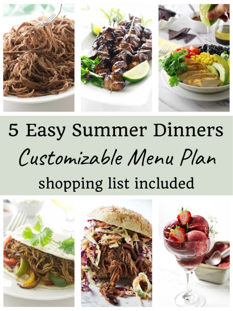 Collage of six summer dinners with text: Easy Customizable Summer Menu Plan.