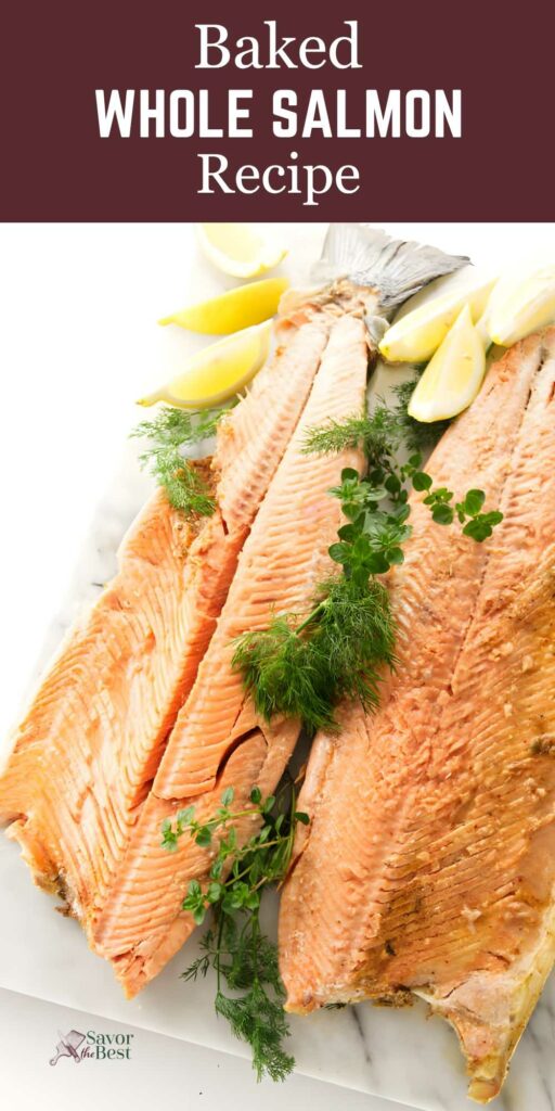 Whole baked salmon fillet with herbs and lemons, recipe banner above.