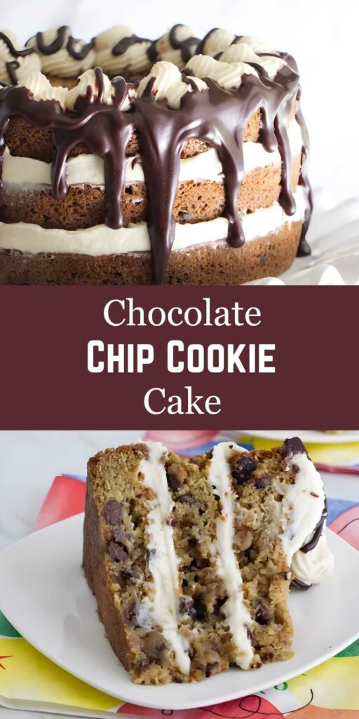 Layered chocolate chip cookie cake with ganache, frosting swirls, and served slice.