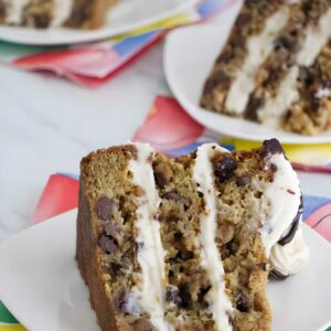 Slice of layered cake with chocolate chips and white frosting on plate.
