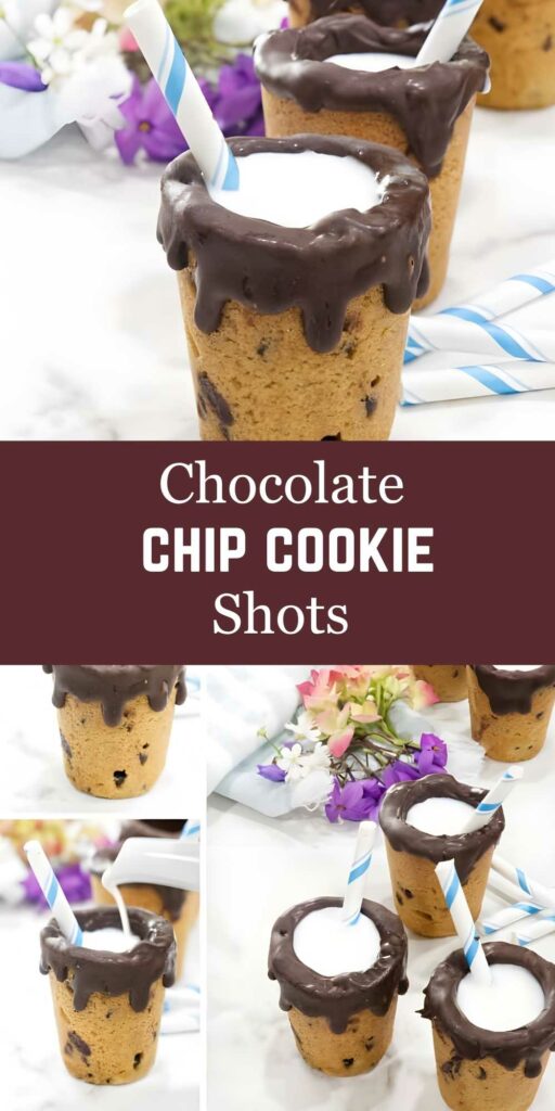 Cookie shot glasses with milk, blue-striped straws, chocolate rims, and flowers.