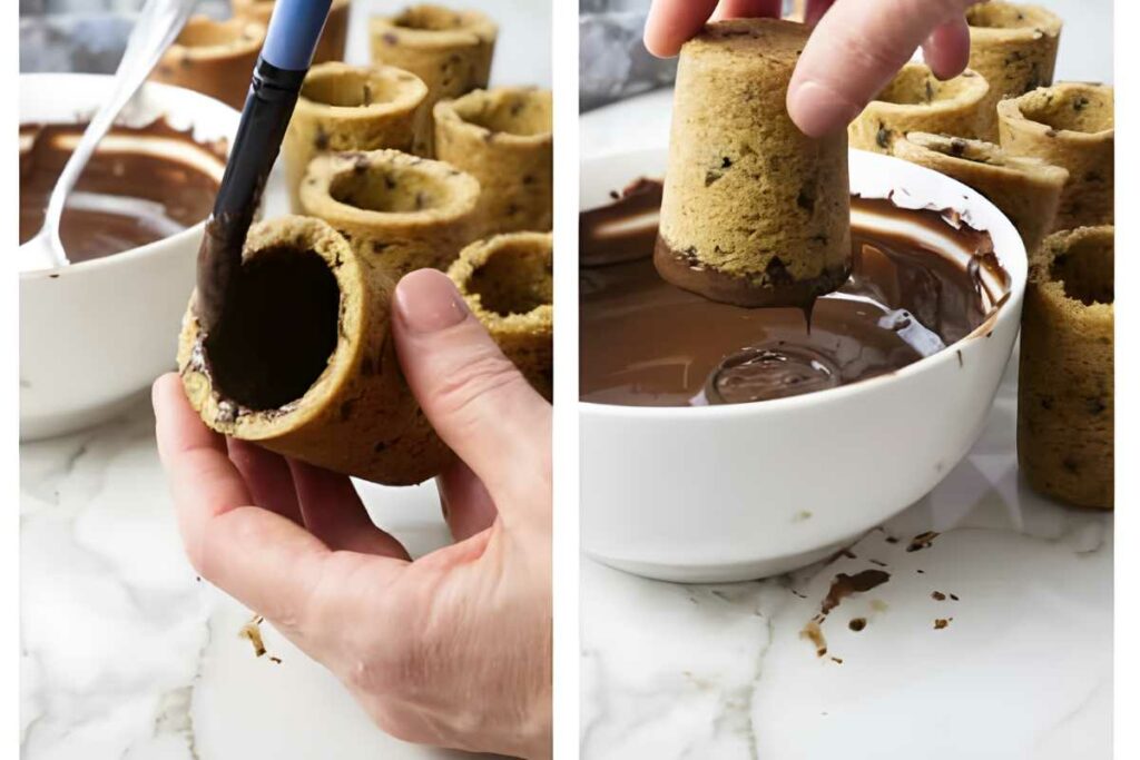 Hands coat inside of cookie cups with melted chocolate, side-by-side views.