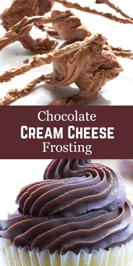 Chocolate frosting on beaters and cupcake, with Chocolate Cream Cheese Frosting text.