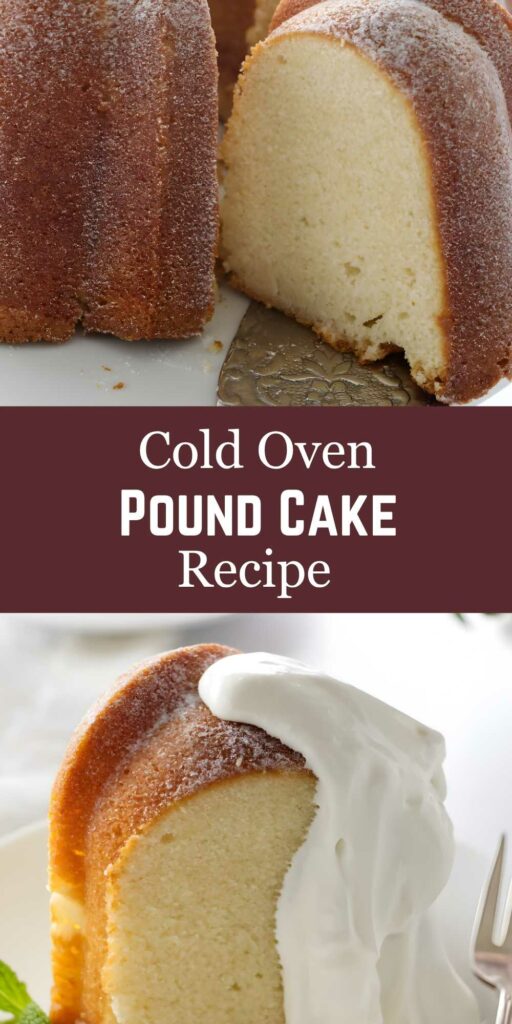 Two slices of pound cake with powdered sugar and whipped cream; recipe title.