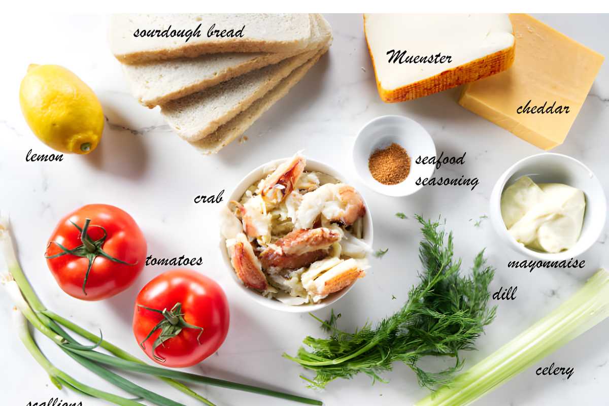 Crab sandwich ingredients arranged neatly on a white background.