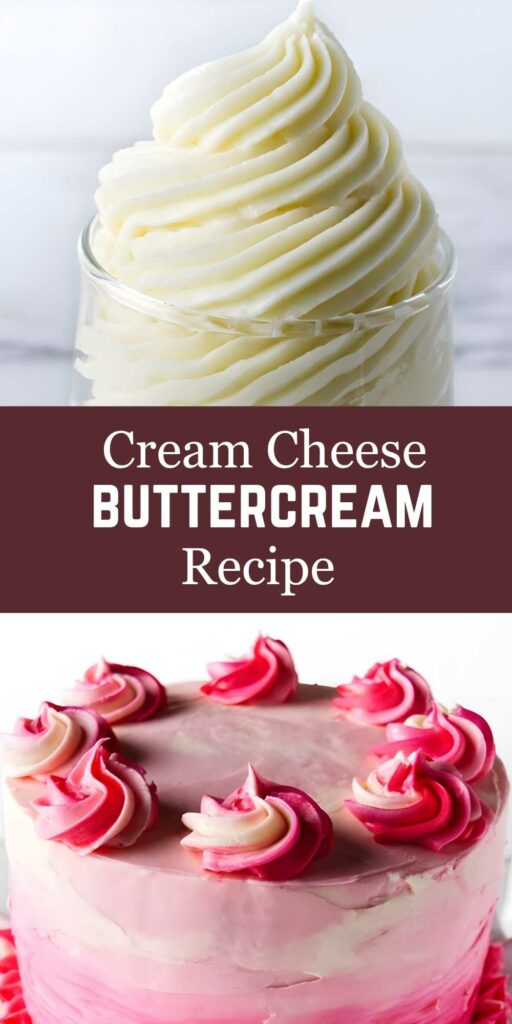 Swirl of cream cheese buttercream frosting above pink ombre cake.