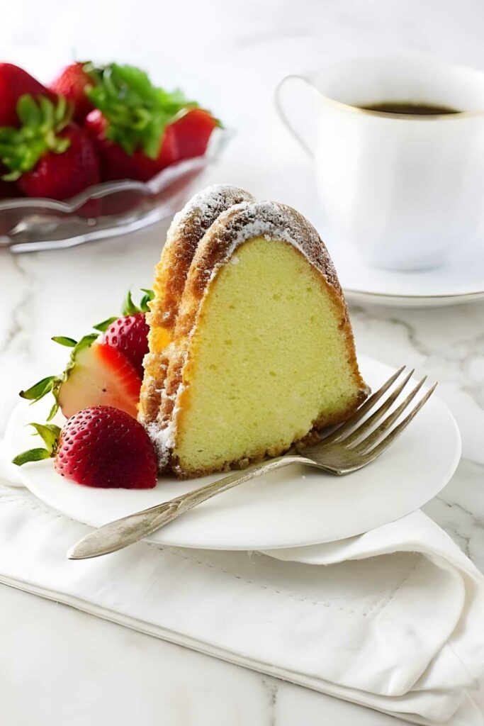 Slice of pound cake bundt cake with powdered sugar, strawberries, coffee, and fork.