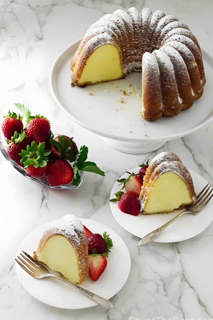Pound cake bundt cake with strawberries, some slices plated, on marble surface.