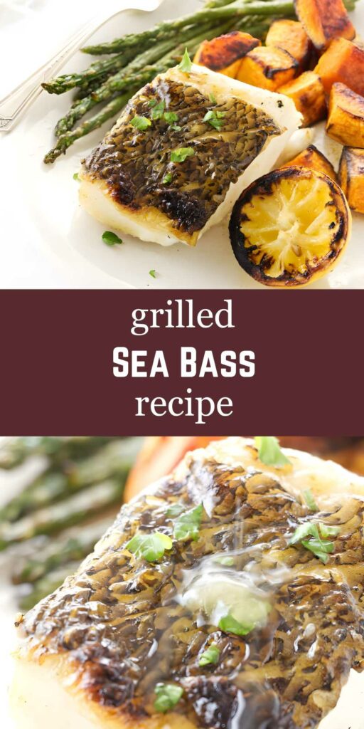 Grilled sea bass fillet with vegetables, herbs, and “grilled SEA BASS recipe” text.