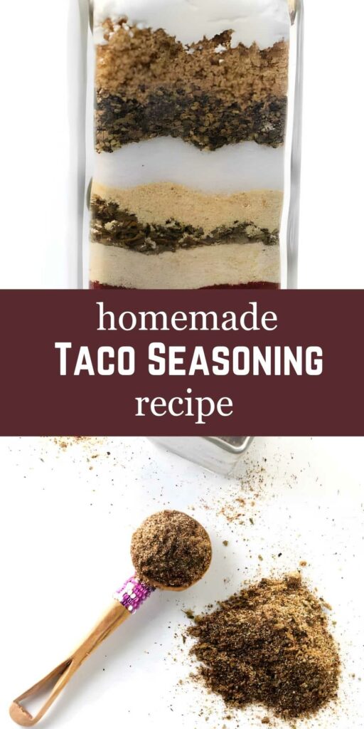 Jar of homemade taco seasoning with spoonful and loose spices on surface.