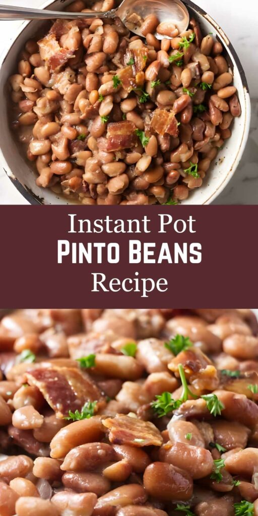 Close-up of pinto beans with bacon and parsley in a white bowl.