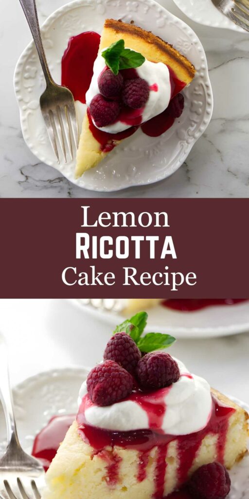 Slice of lemon ricotta cake with whipped cream, raspberries, and mint.