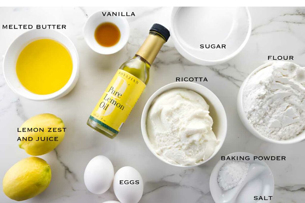 Top view of labeled baking ingredients organized on a white surface.