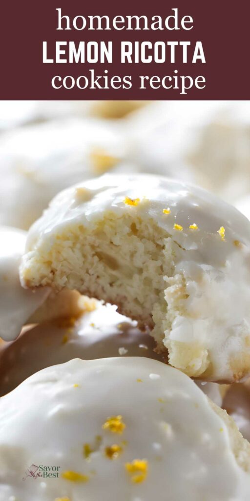 Close-up of iced lemon ricotta cookies, one bitten to show interior.
