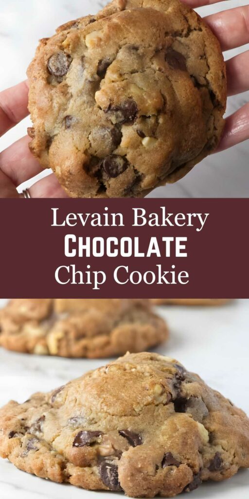 Hand holding thick chocolate chip cookie; Levain Bakery text in center.